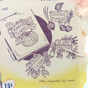 Vintage Aunt Martha's Hot Iron Transfers 3403 Vegetable Tea Towels, Unused